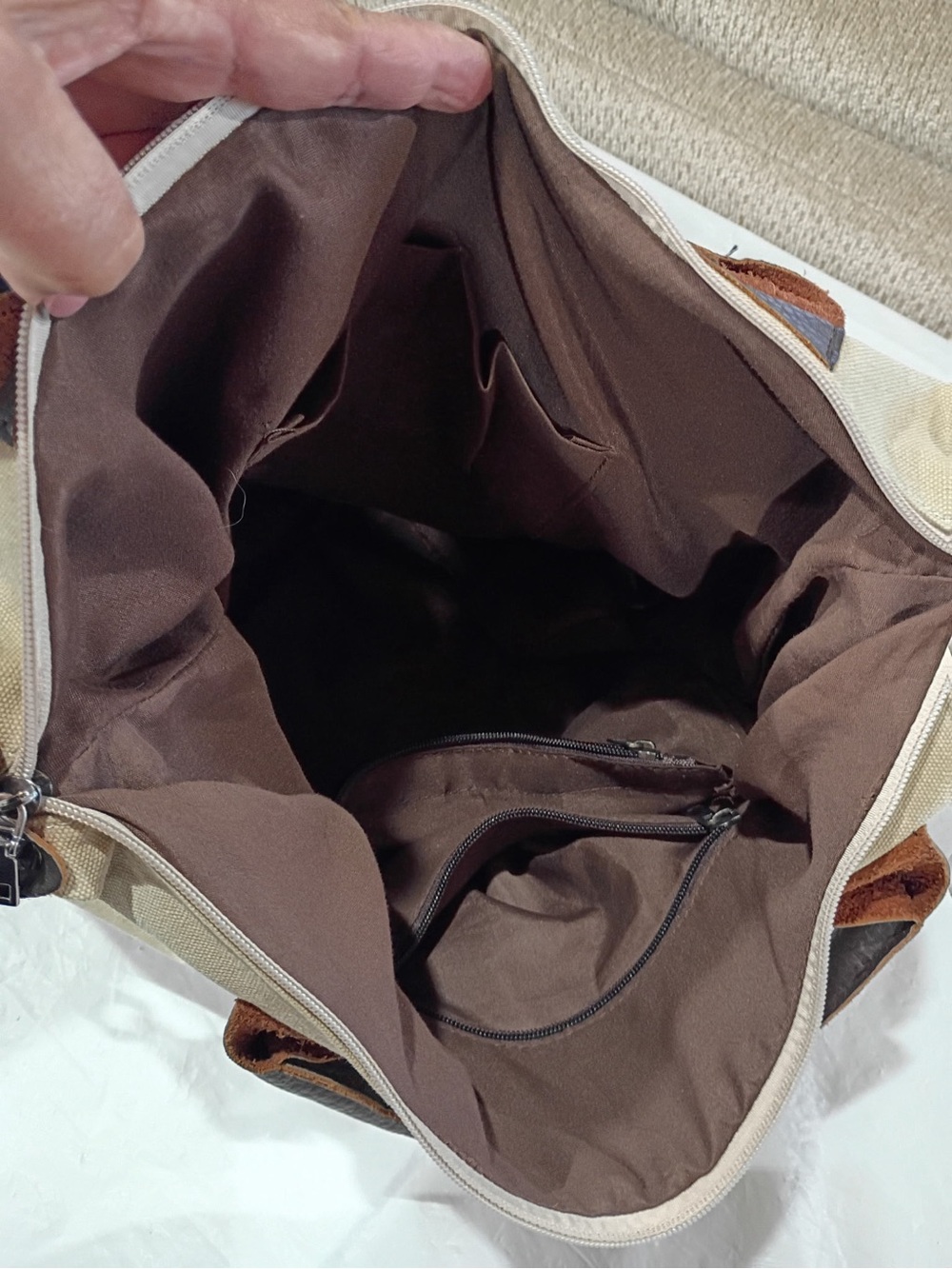 Large Beige Canvas & Brown Faux Leather Hobo Crossbody Bag Boho Tote - Picture 6 of 11